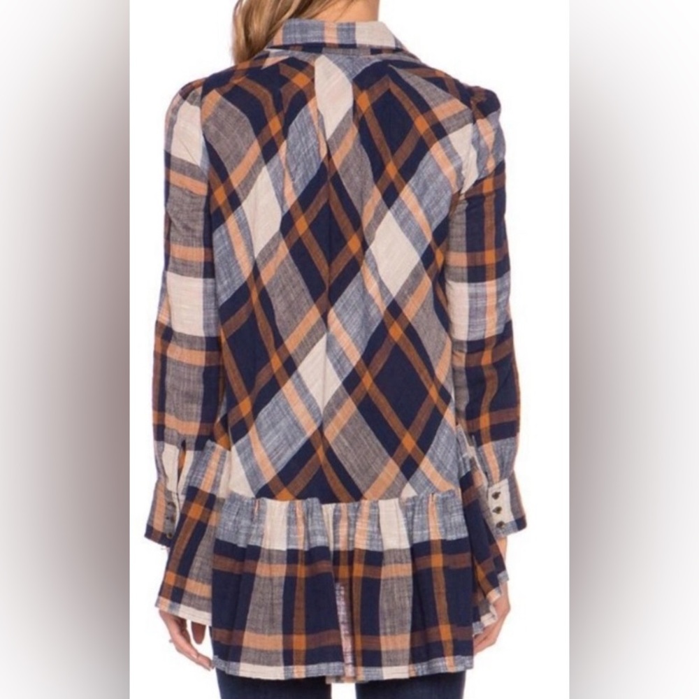 Free People | Preppy in Plaid Ruffled Button Down cute sexy top size M - Picture 5 of 14